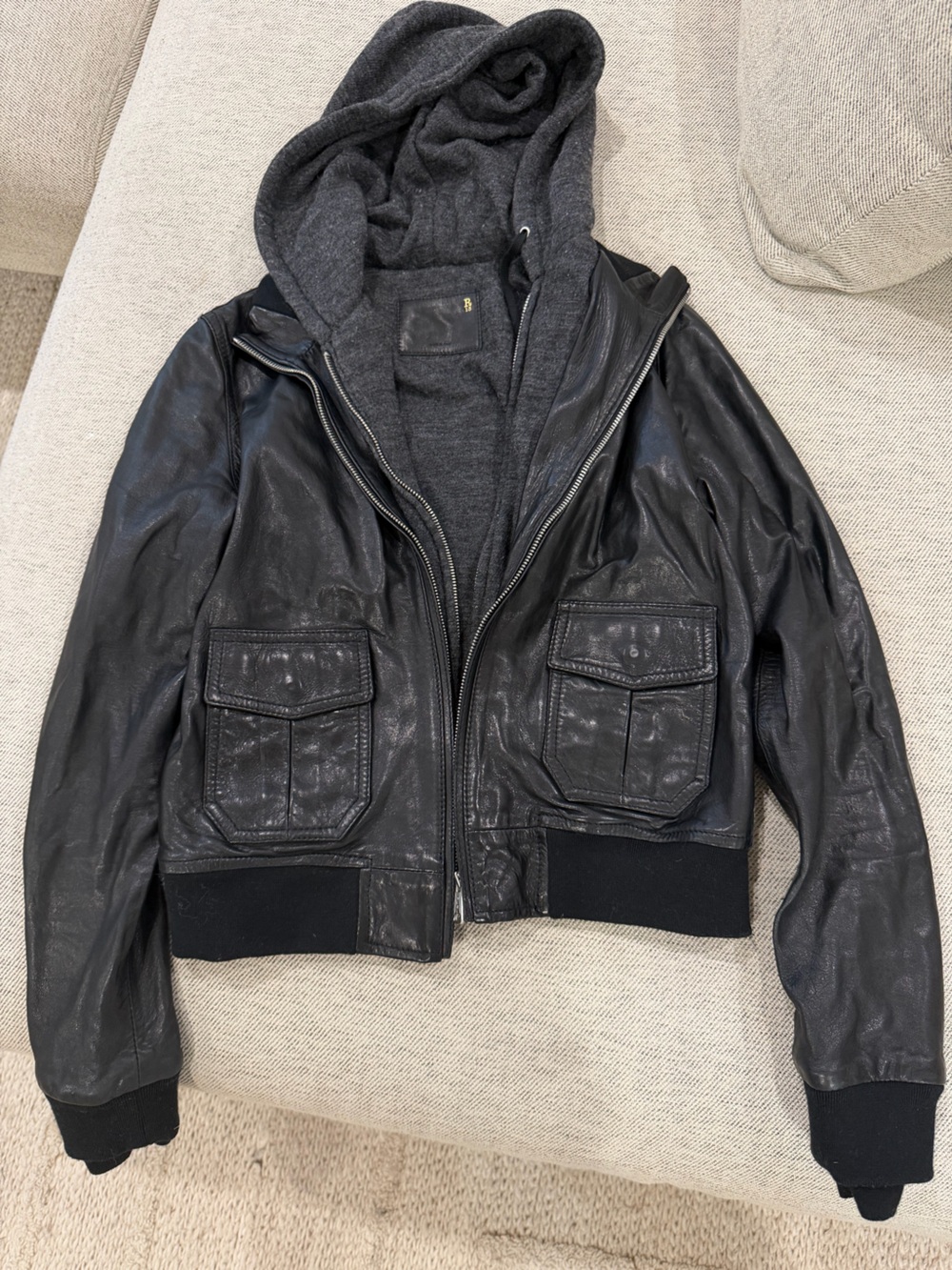 R13 women’s Black Leather Bomber Jacket with Charcoal Hooded Insert